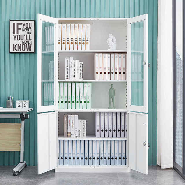 Elegant Glass and Steel Doors File Cabinet Lockable Document Storage Cabinet for Hotel Study Room Office