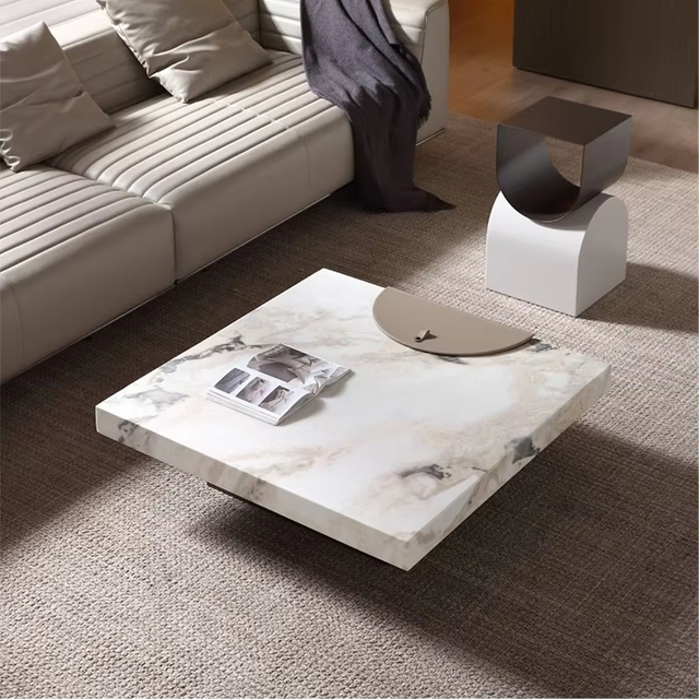 Office Room Faux Marble Top Saddle Leather Accent Storage Function Stainless Steel Base Elegant Centerpiece Modern Coffee Table