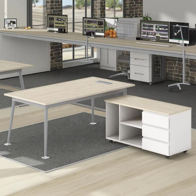 Quality Assurance White Modern Wooden Office Desk Main Table and Movable Cabinet with Drawers for Executive Office