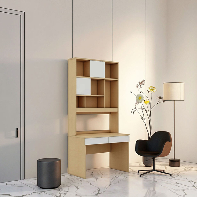 Custom Wood Finish Study Desk with Storage Shelf for Apartments Multifunctional