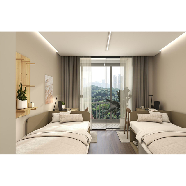 Customized Apartment Suite Two Bedrooms and Twin Beds Per Room with Storage Rack Shoe Cabinet Wardrobe Desk Shower Cabinet